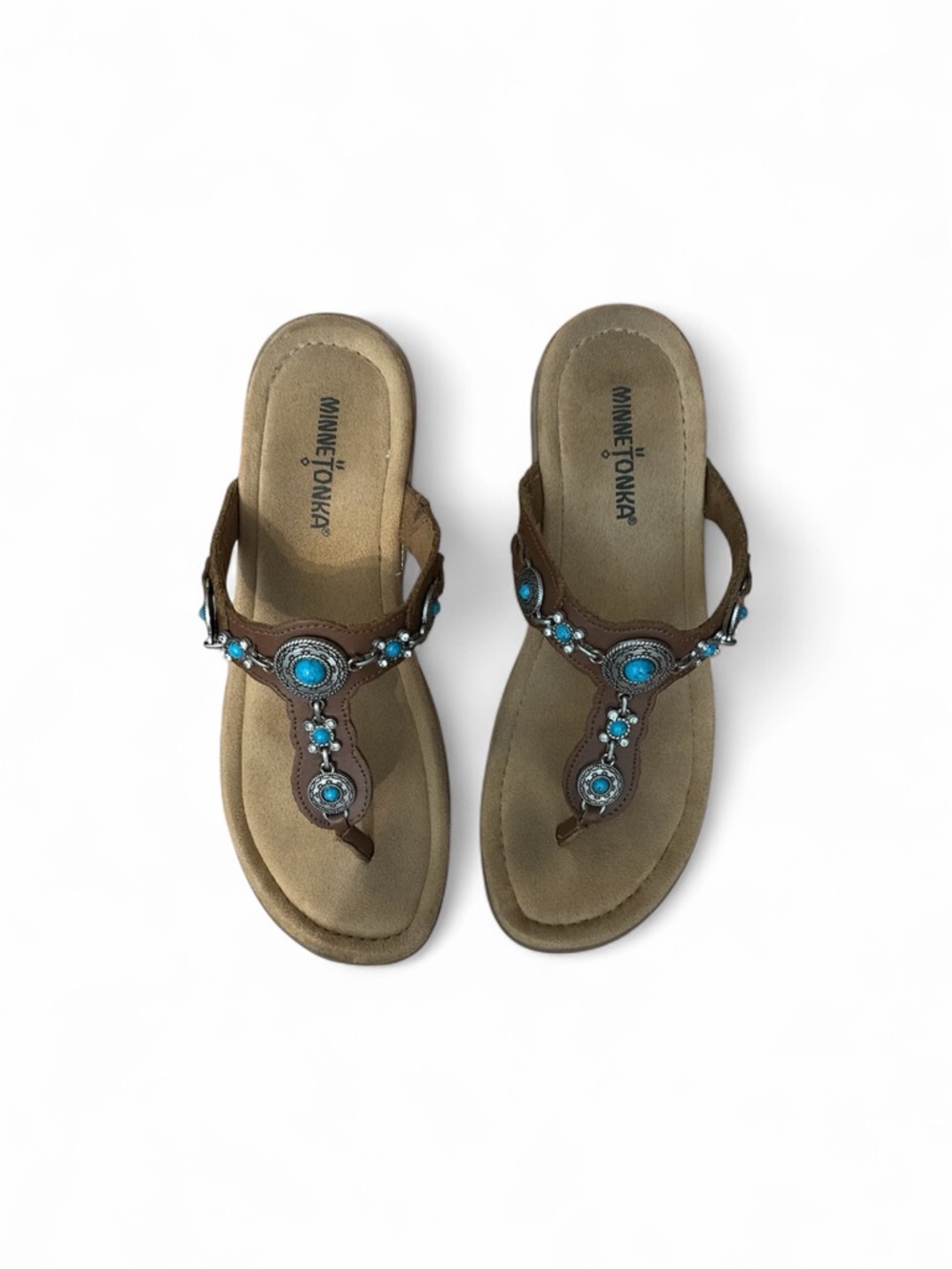 Minnetonka Brown Leather Thong Sandals with Turquoise Bead Accents